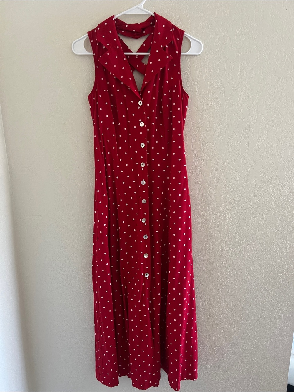 Vintage dressbarn Red Polka Dot Button-Front Maxi Dress